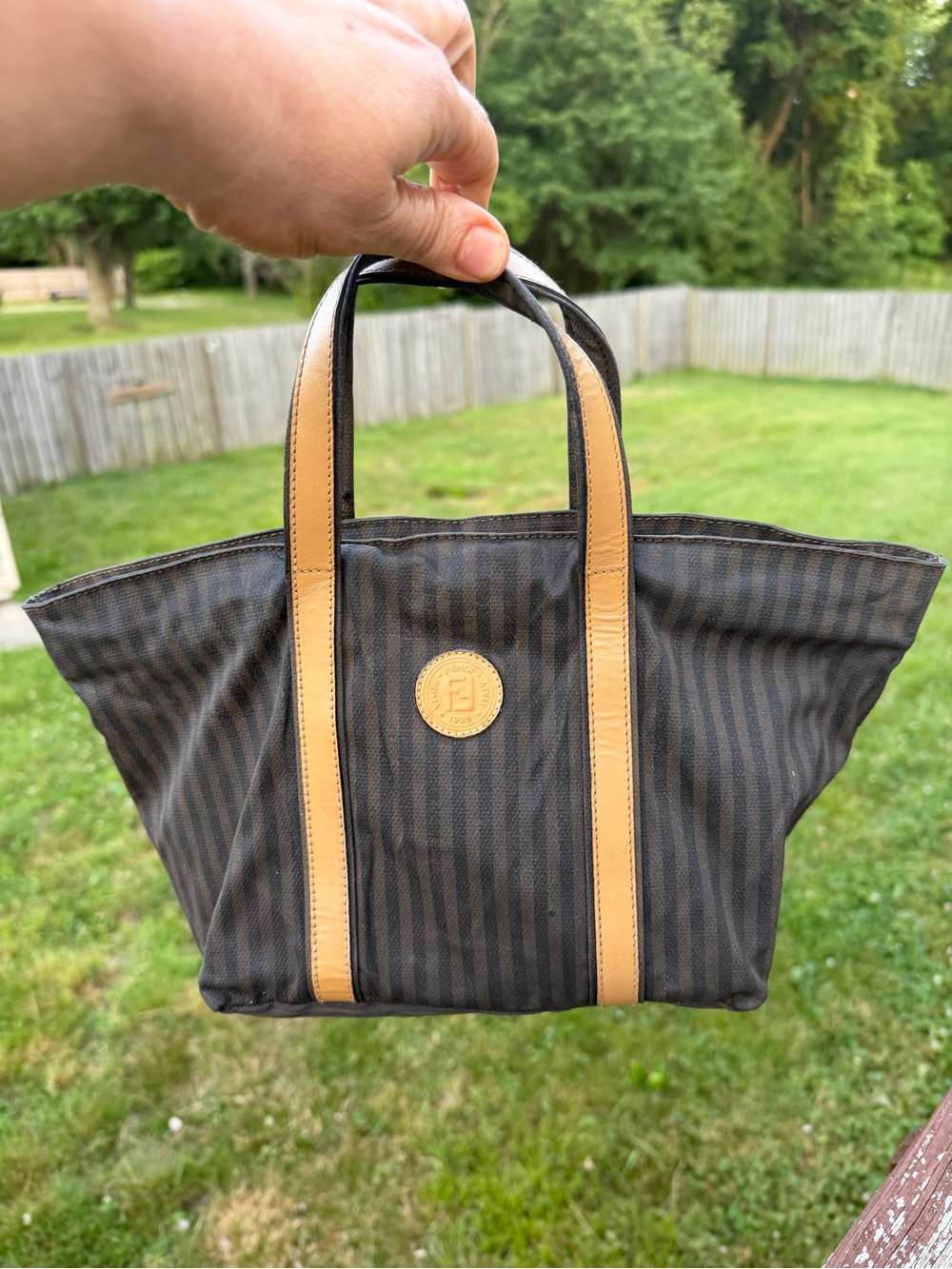 Fendi Black and Tan Striped Canvas Tote with Leather Trim